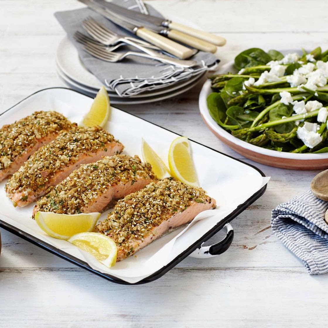 Baked salmon fillets with dukkah crumb