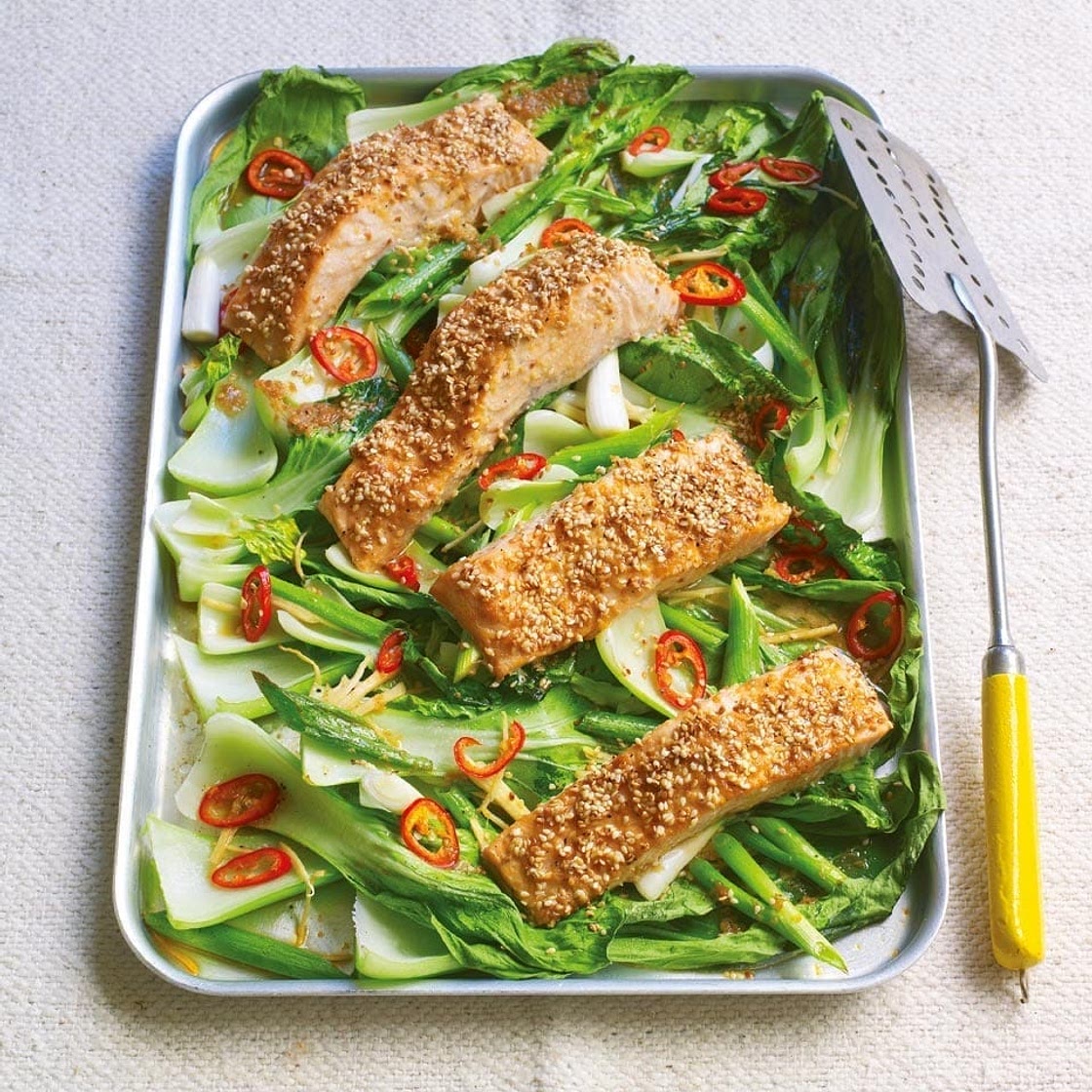 Roasted sesame salmon with ginger and chilli pak choi