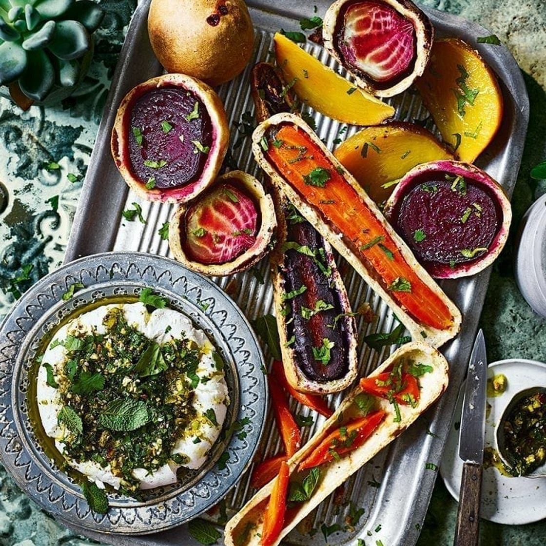 Salt-baked root vegetables with labneh