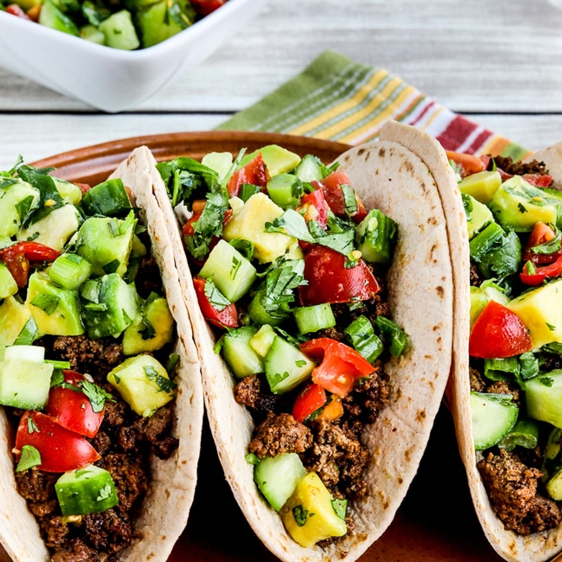 Ground Beef Tacos with Tomato-Avocado Salsa
