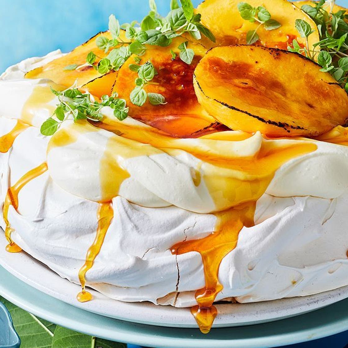 Bruleed mango pavlova