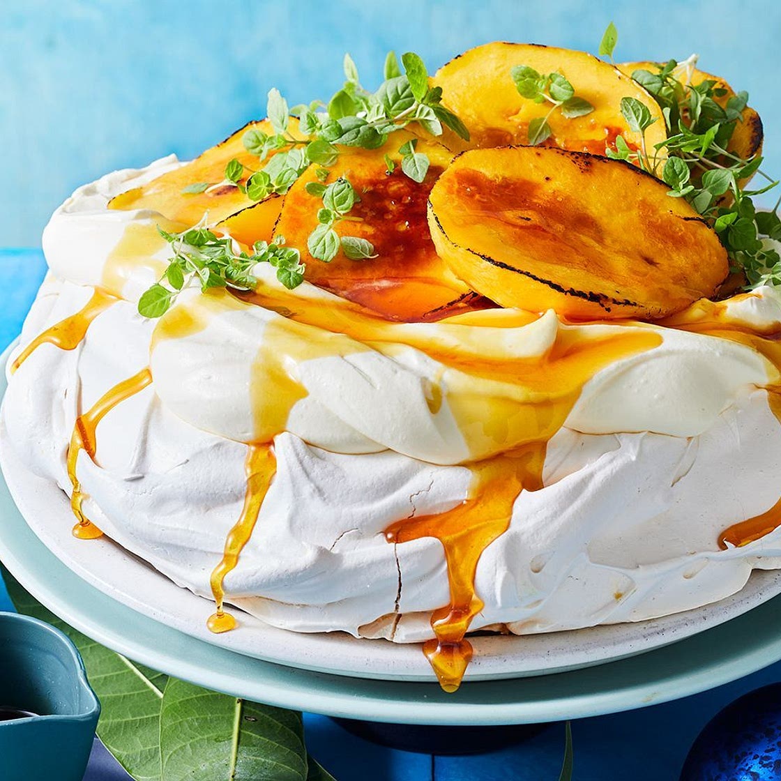Bruleed mango pavlova