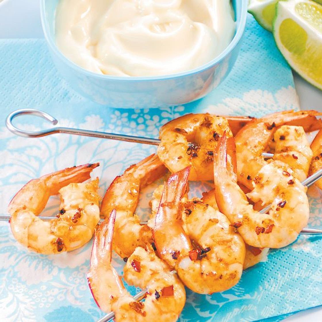 Garlic and chilli prawn skewers