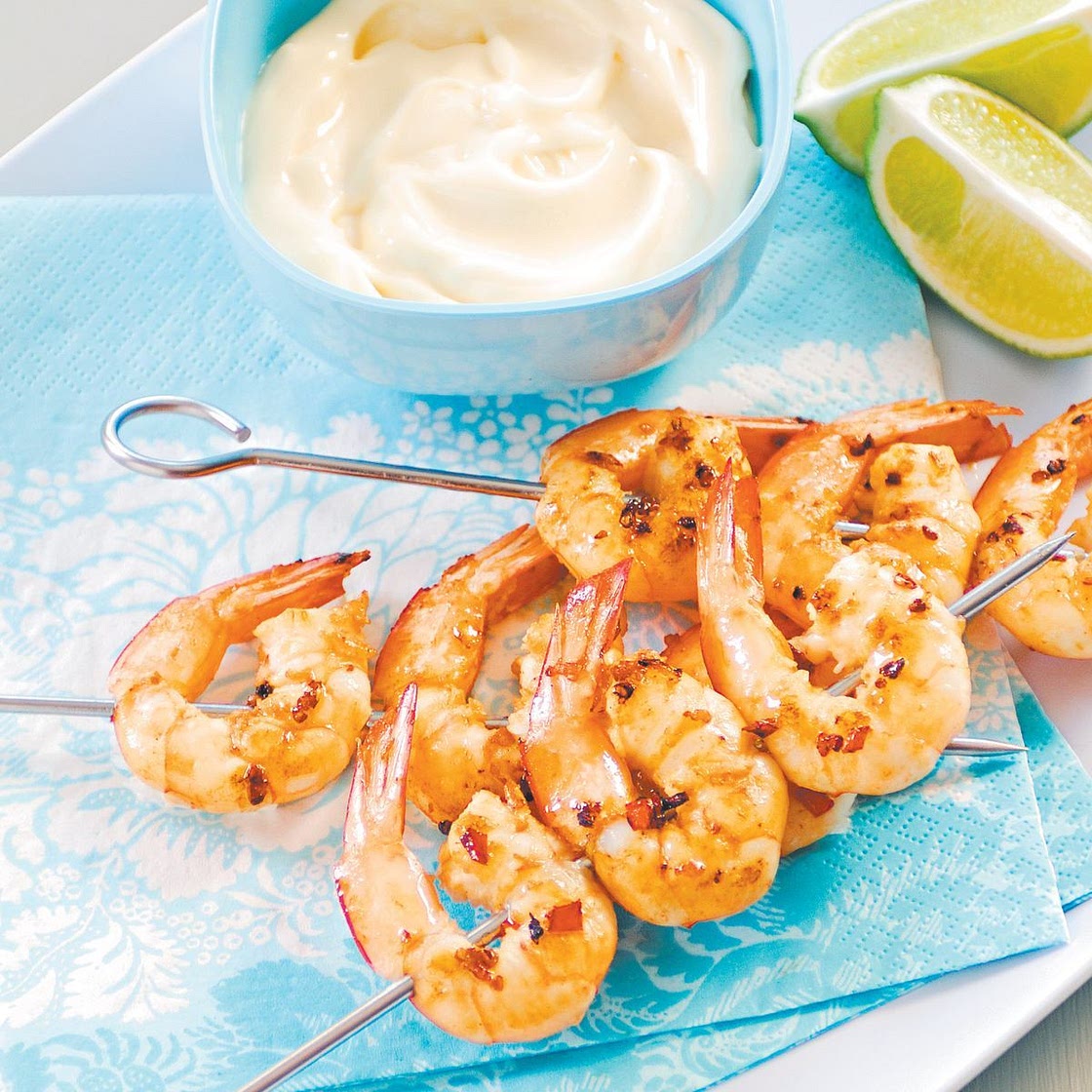 Garlic and chilli prawn skewers