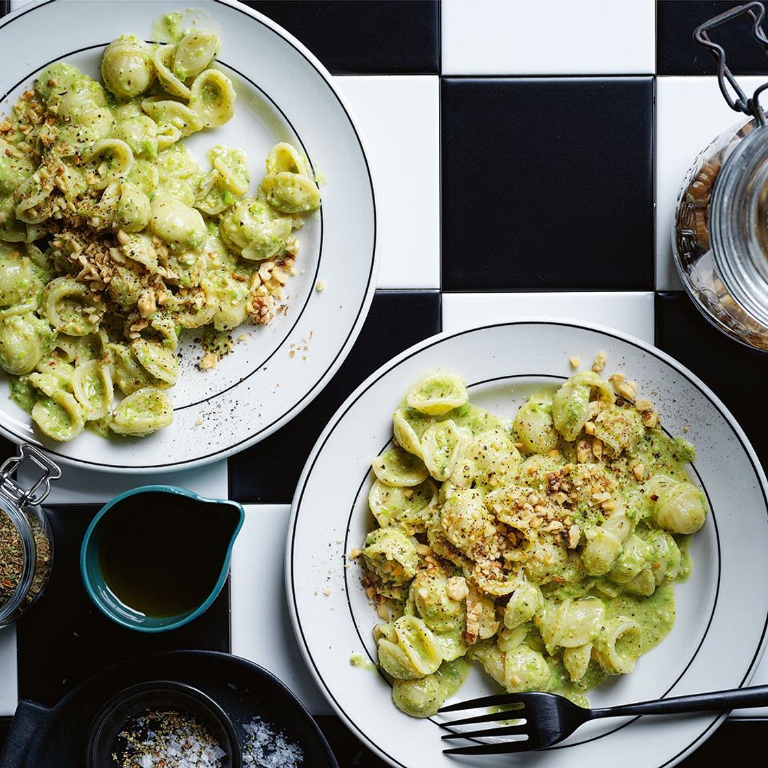 Orecchiette with walnut and pea pesto