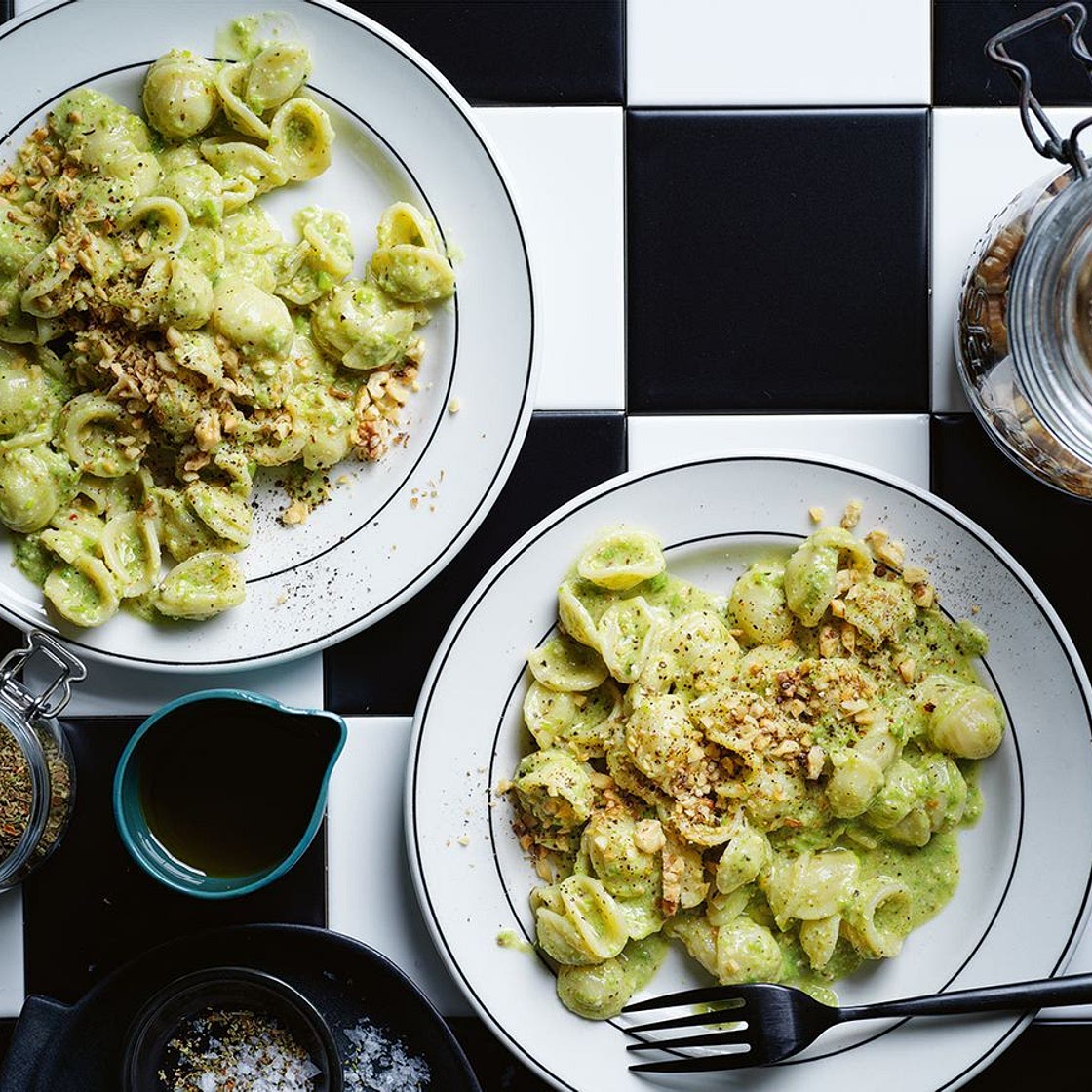 Orecchiette with walnut and pea pesto