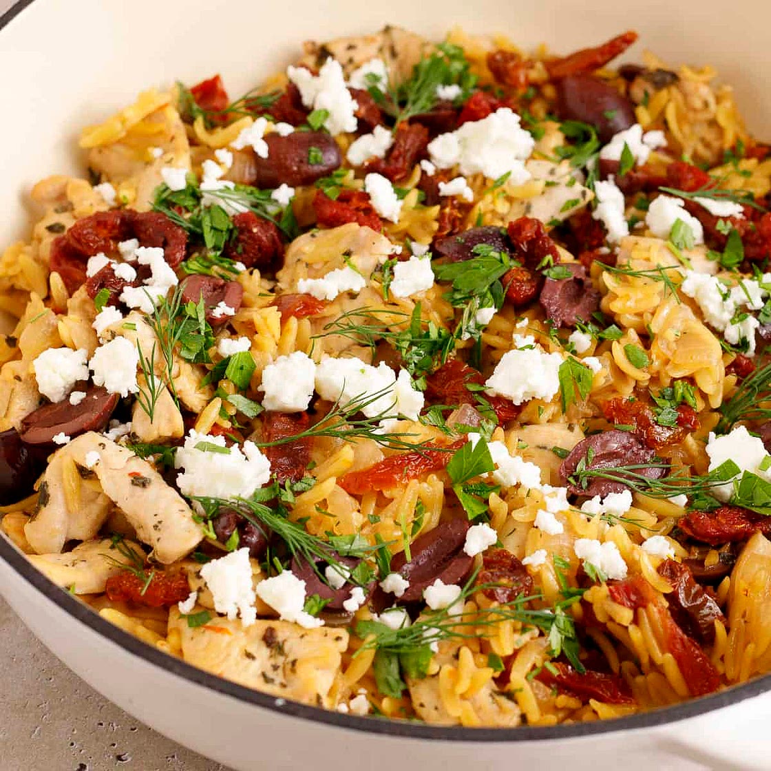 Mediterranean Chicken and Orzo Skillet