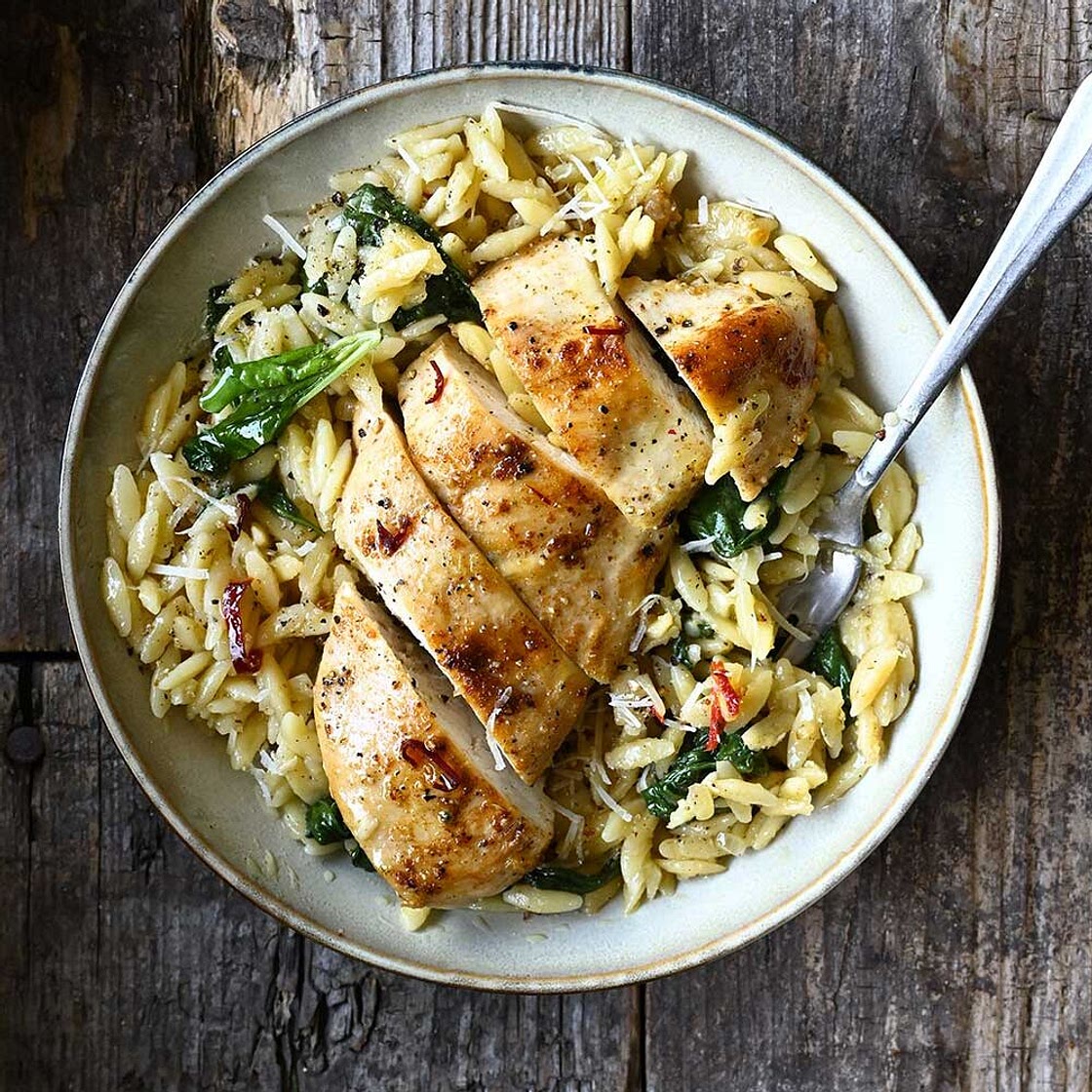 One Skillet Parmesan Chicken and Orzo