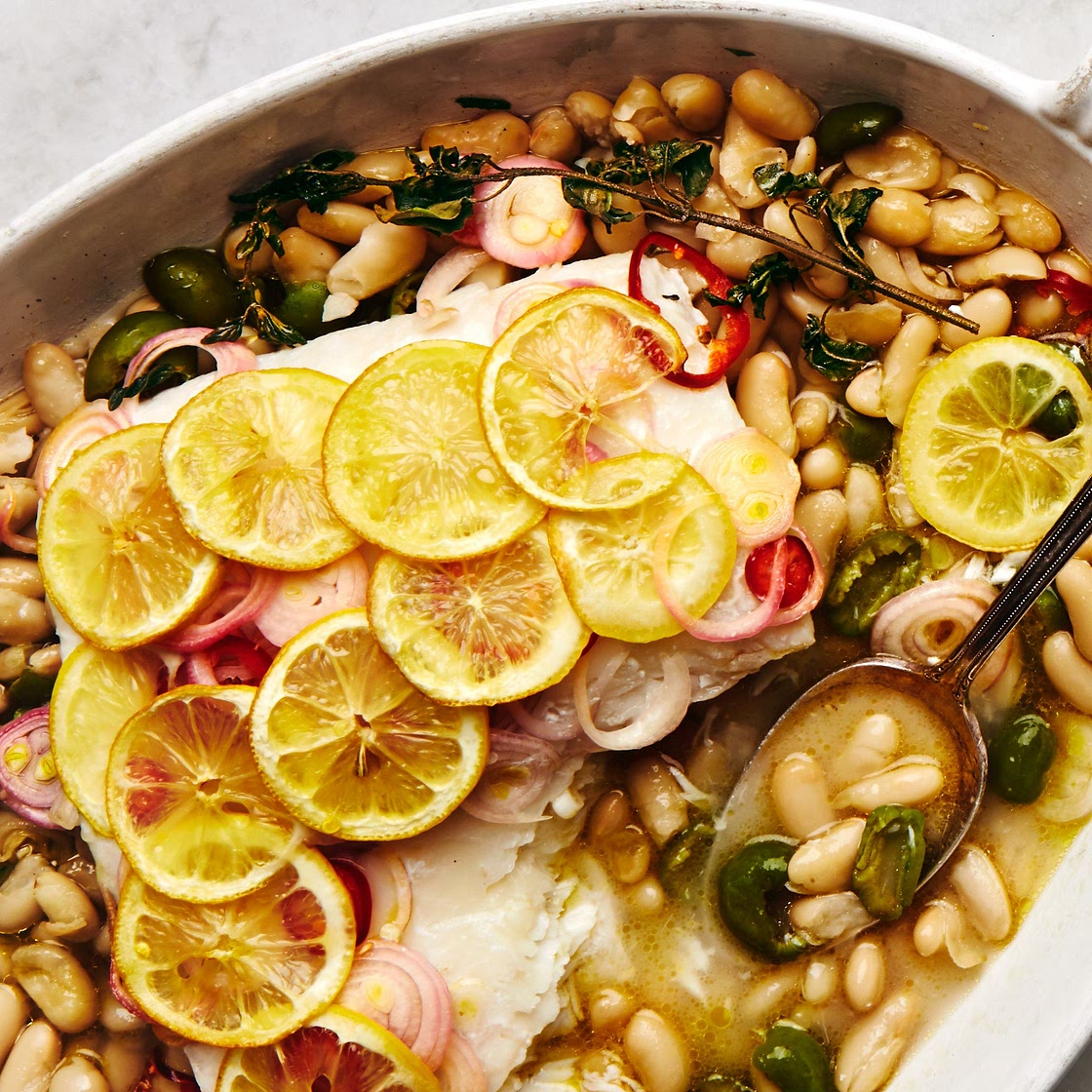 Roast Fish with Cannellini Beans and Green Olives