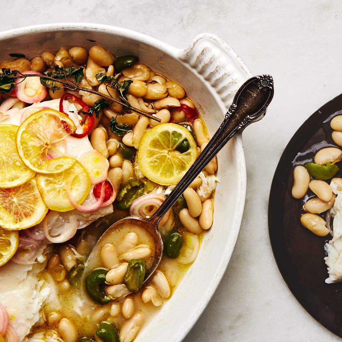 Roast Fish with Cannellini Beans and Green Olives