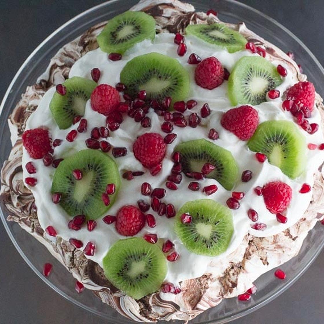 Low FODMAP Chocolate Pavlova with Pomegranate, Raspberries & Kiwi