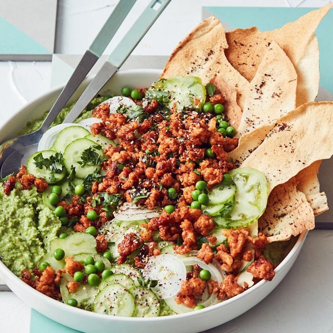 Spring fattoush with pea hummus and smoky prawns