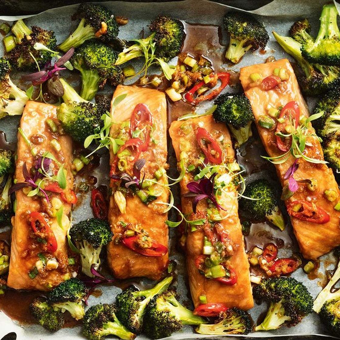 One-pan salmon and broccoli bake