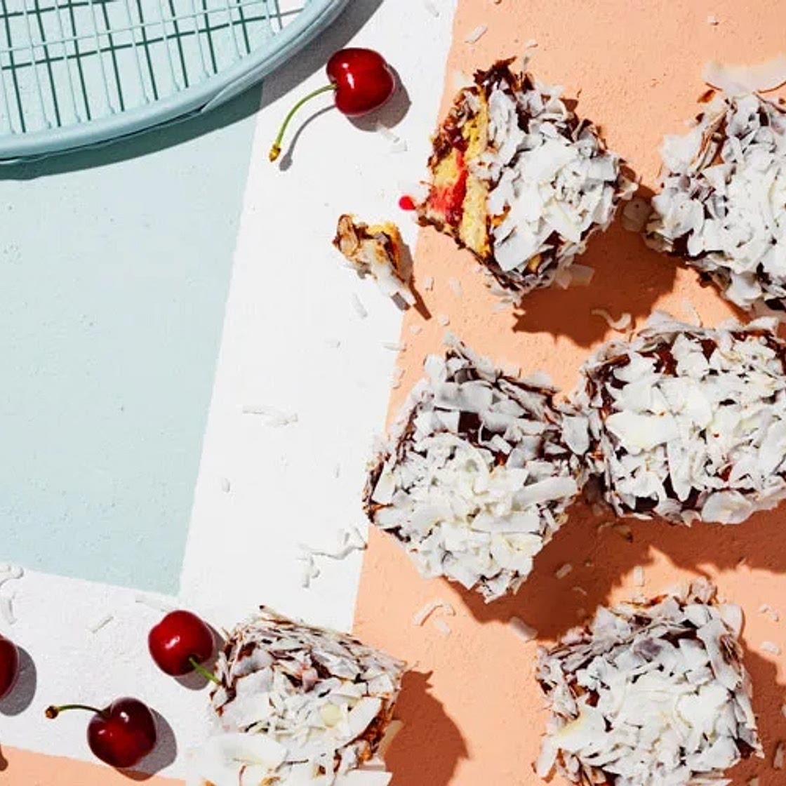 Coconut lamingtons with cherry jam