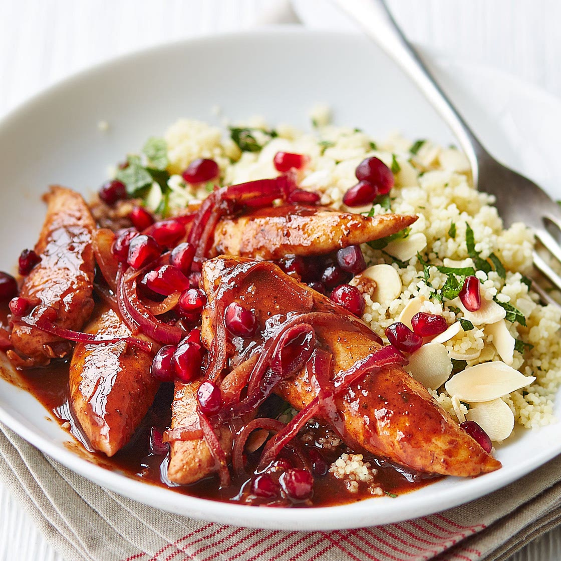 Pomegranate chicken with almond couscous