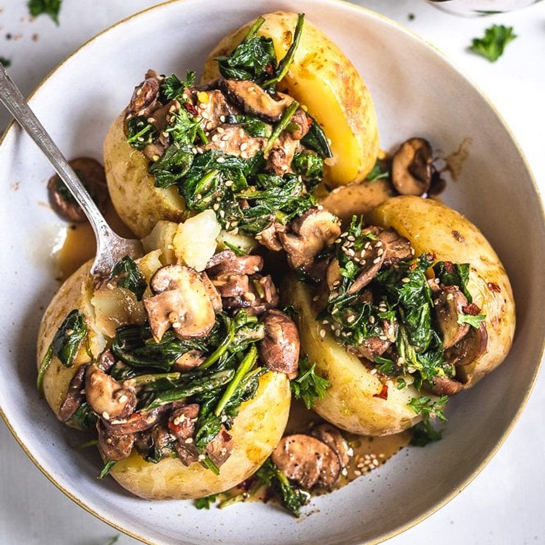 Baked Potatoes with Spinach and Mushroom and Vegan Gravy