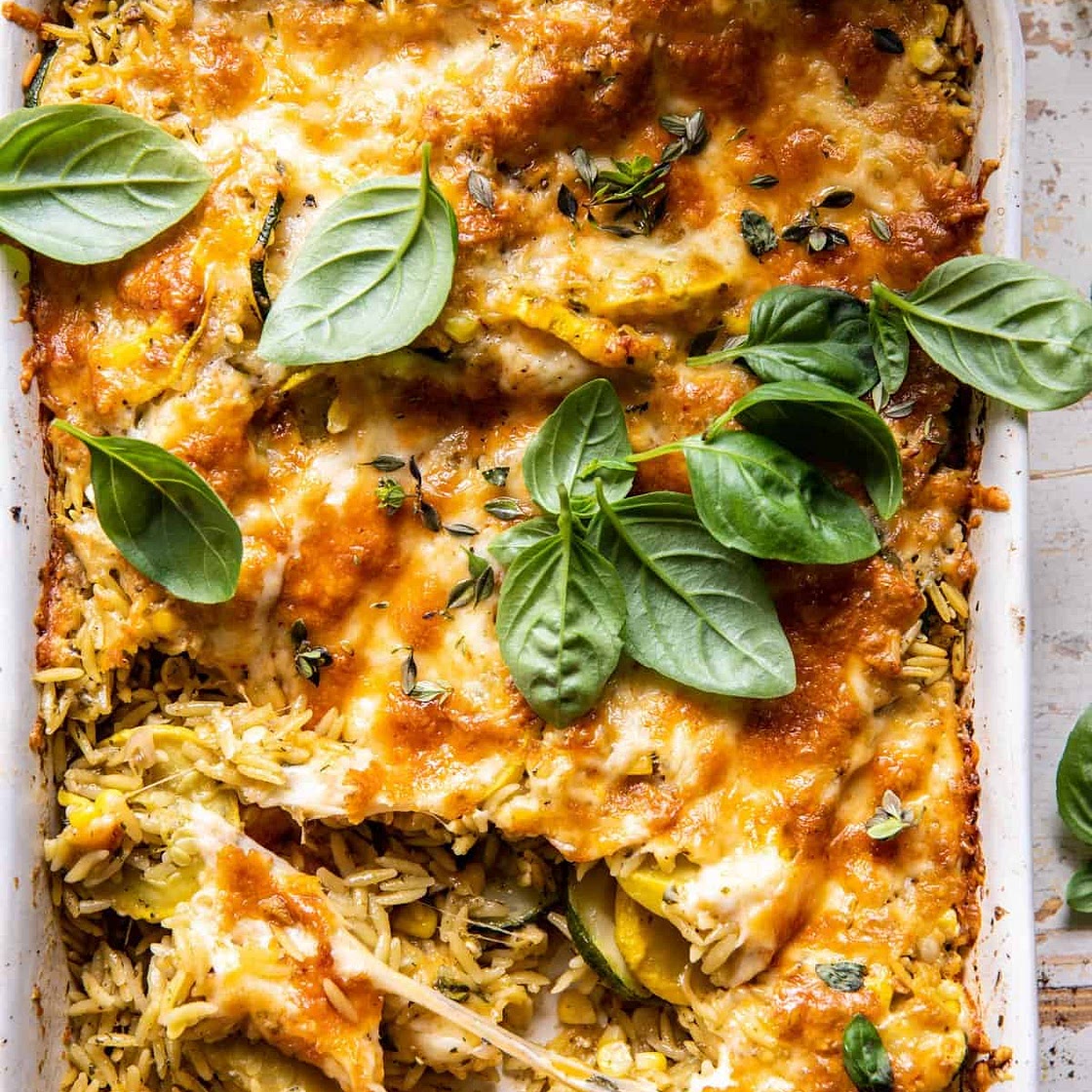Easiest One Pan Corn and Zucchini Pesto Orzo Casserole