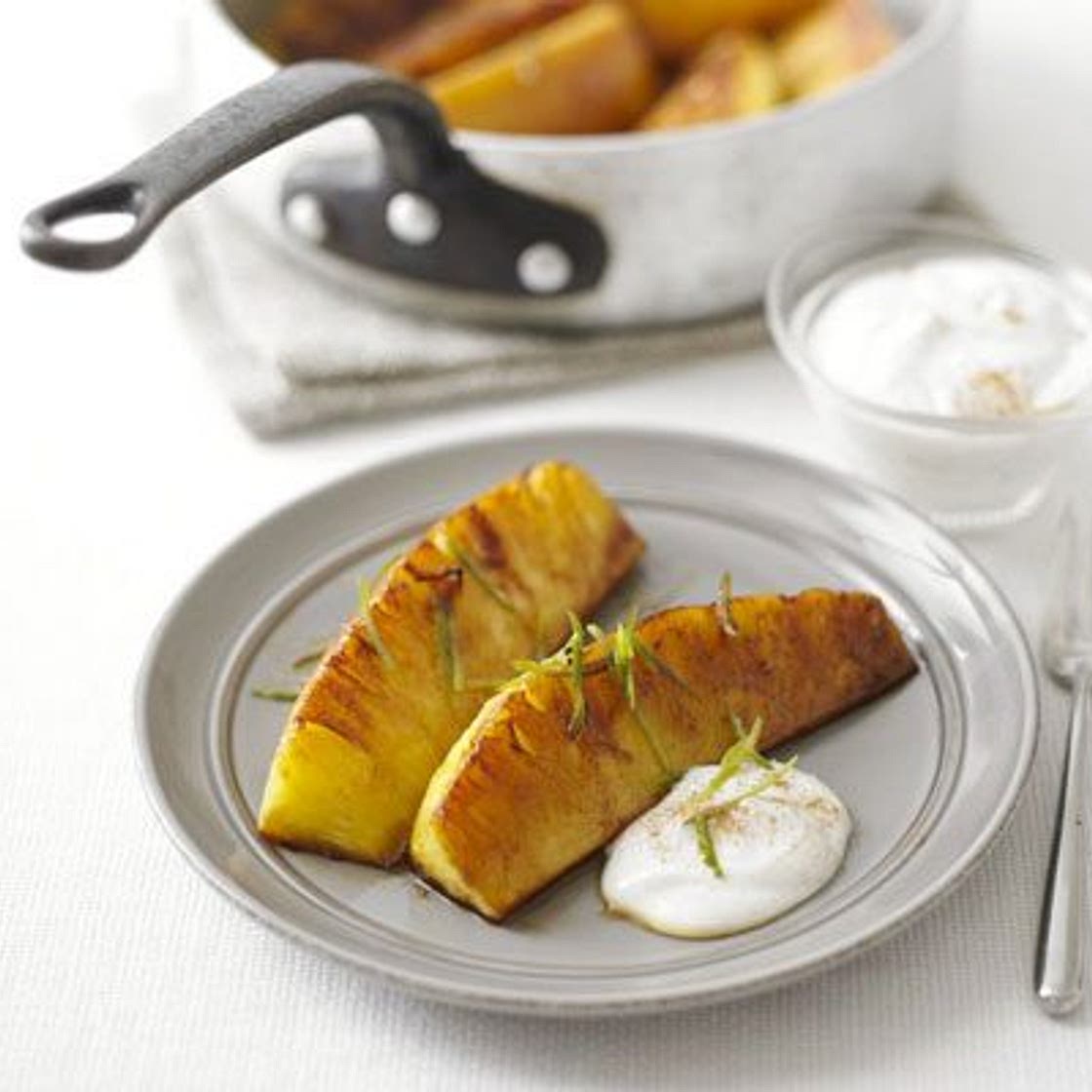 Spiced glazed pineapple with cinnamon fromage frais