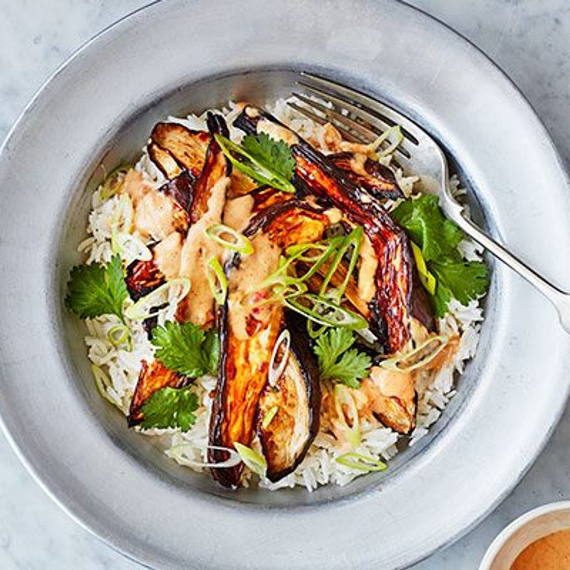 Roasted aubergine with chilli peanut dressing