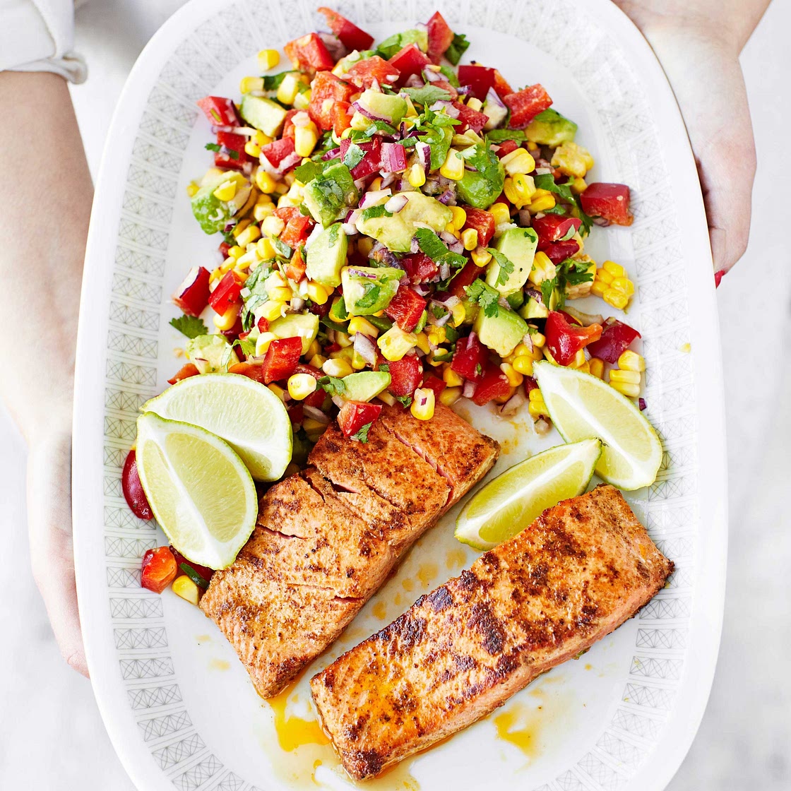 Wild salmon with corn & pepper salsa salad
