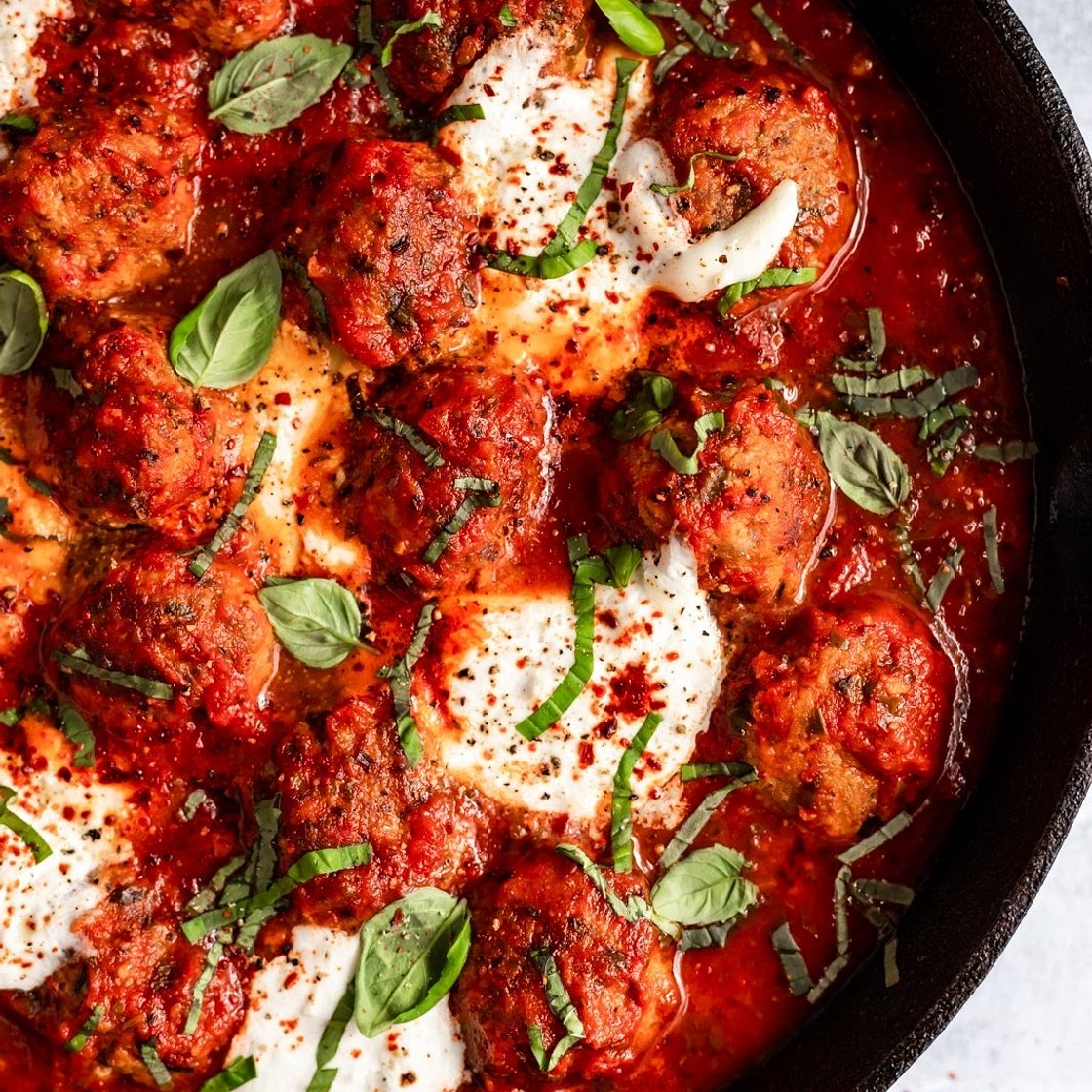 Healthy Turkey Meatballs in Tomato Basil Sauce with Burrata