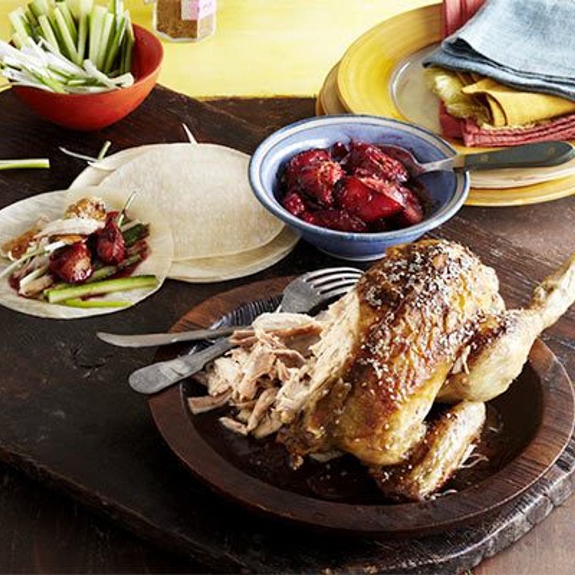 Shredded sesame chicken pancakes with spiced plum sauce