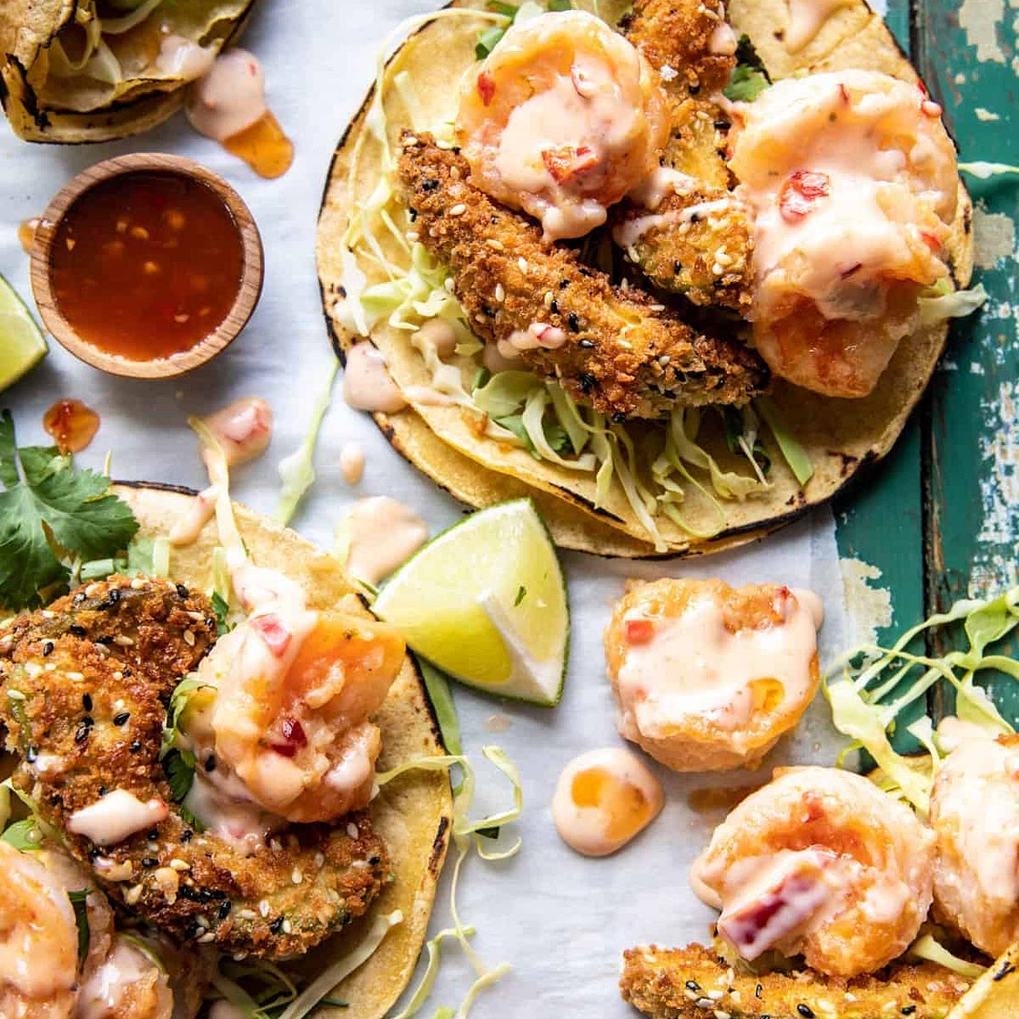 Bang Bang Shrimp and Fried Avocado Tacos