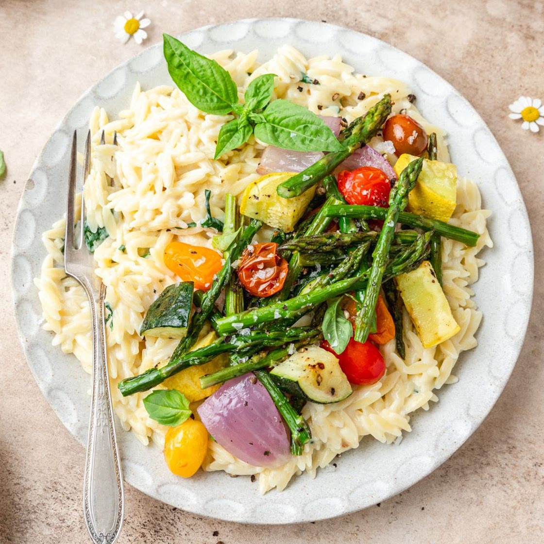 Creamy Orzo with Roasted Summer Vegetables