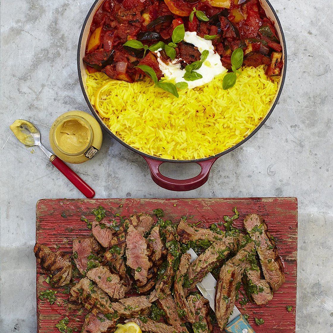 Grilled steak ratatouille & saffron rice