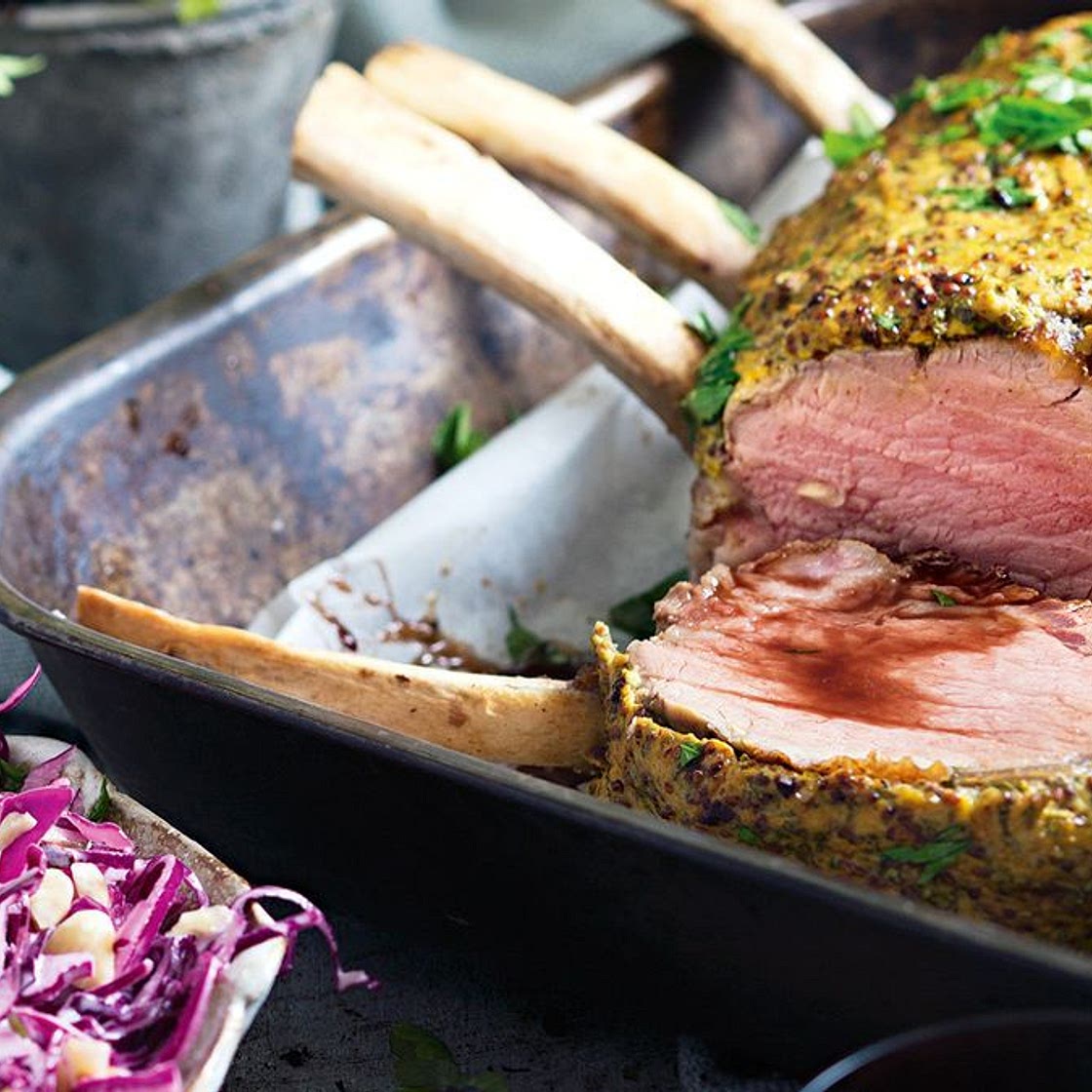 Mustard-crusted veal roast with red cabbage slaw