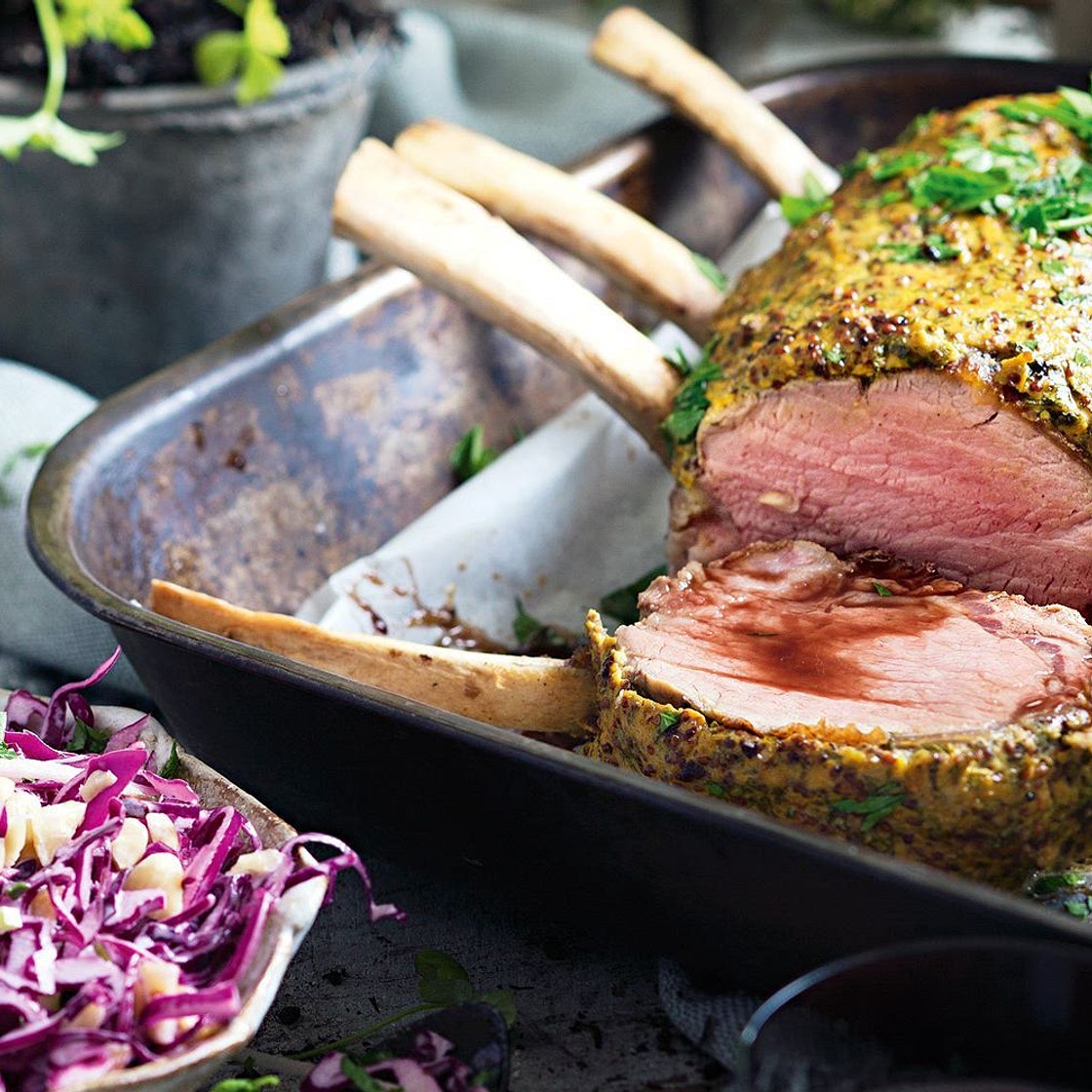 Mustard-crusted veal roast with red cabbage slaw