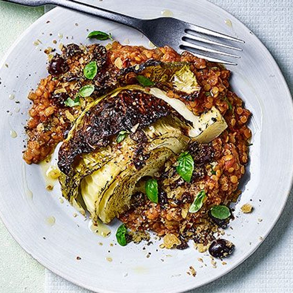 Italian-style roast cabbage wedges with tomato lentils