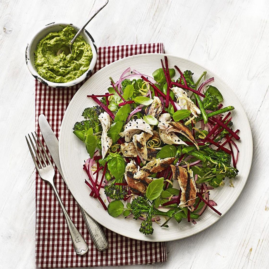 Chicken, broccoli & beetroot salad with avocado pesto