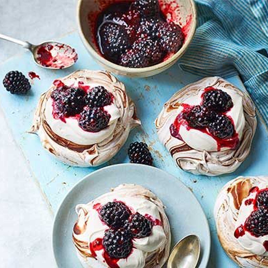 Mini dark chocolate, blackberry & bay pavlovas