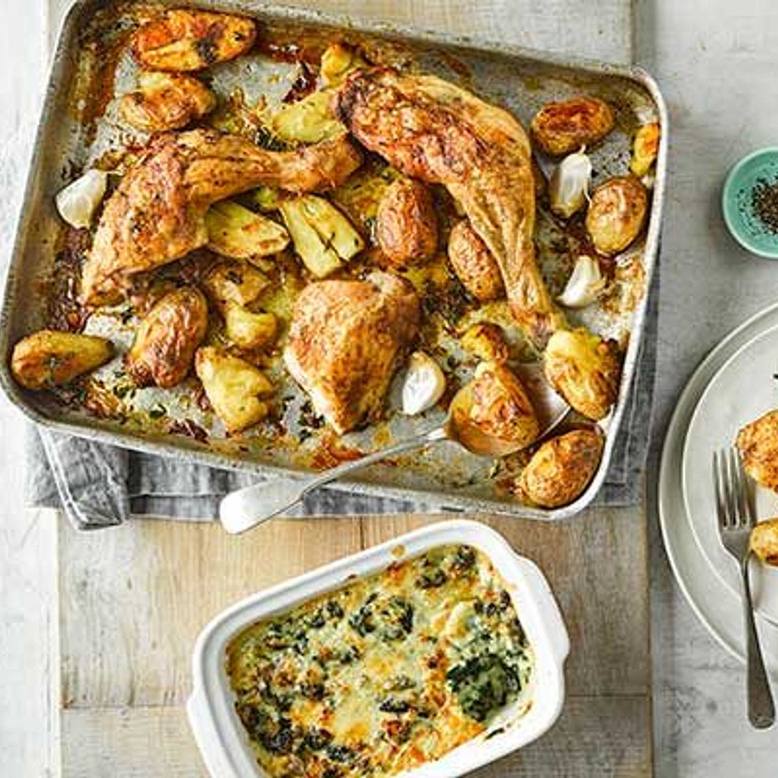 Roast chicken with squashed new potatoes & cheesy creamed spinach