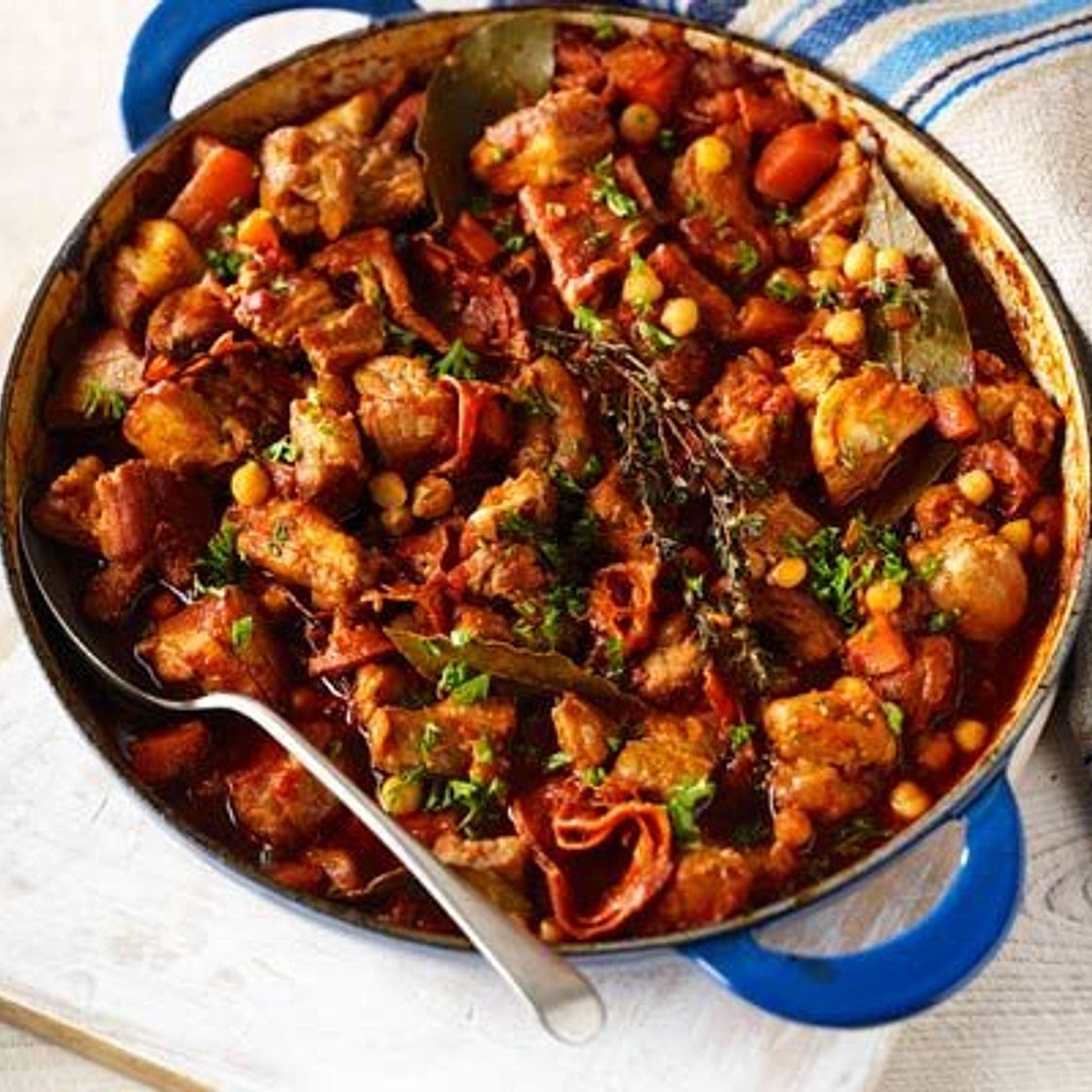 Chorizo, pork belly & chickpea casserole
