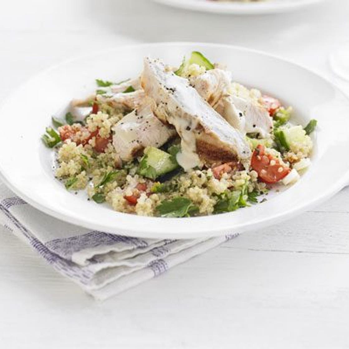 Chargrilled turkey with quinoa tabbouleh & tahini dressing