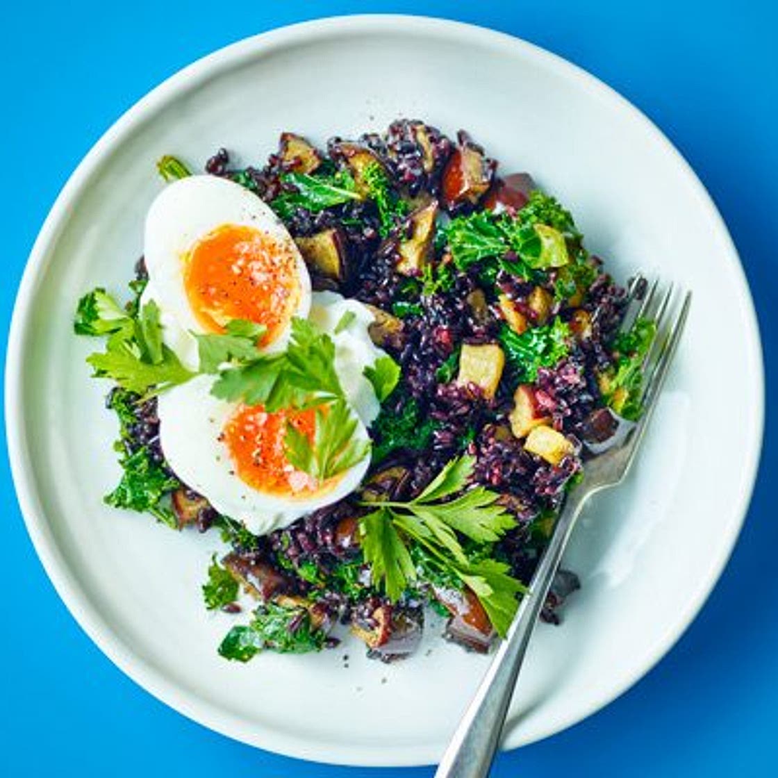 Soft-boiled eggs with black rice & aubergine