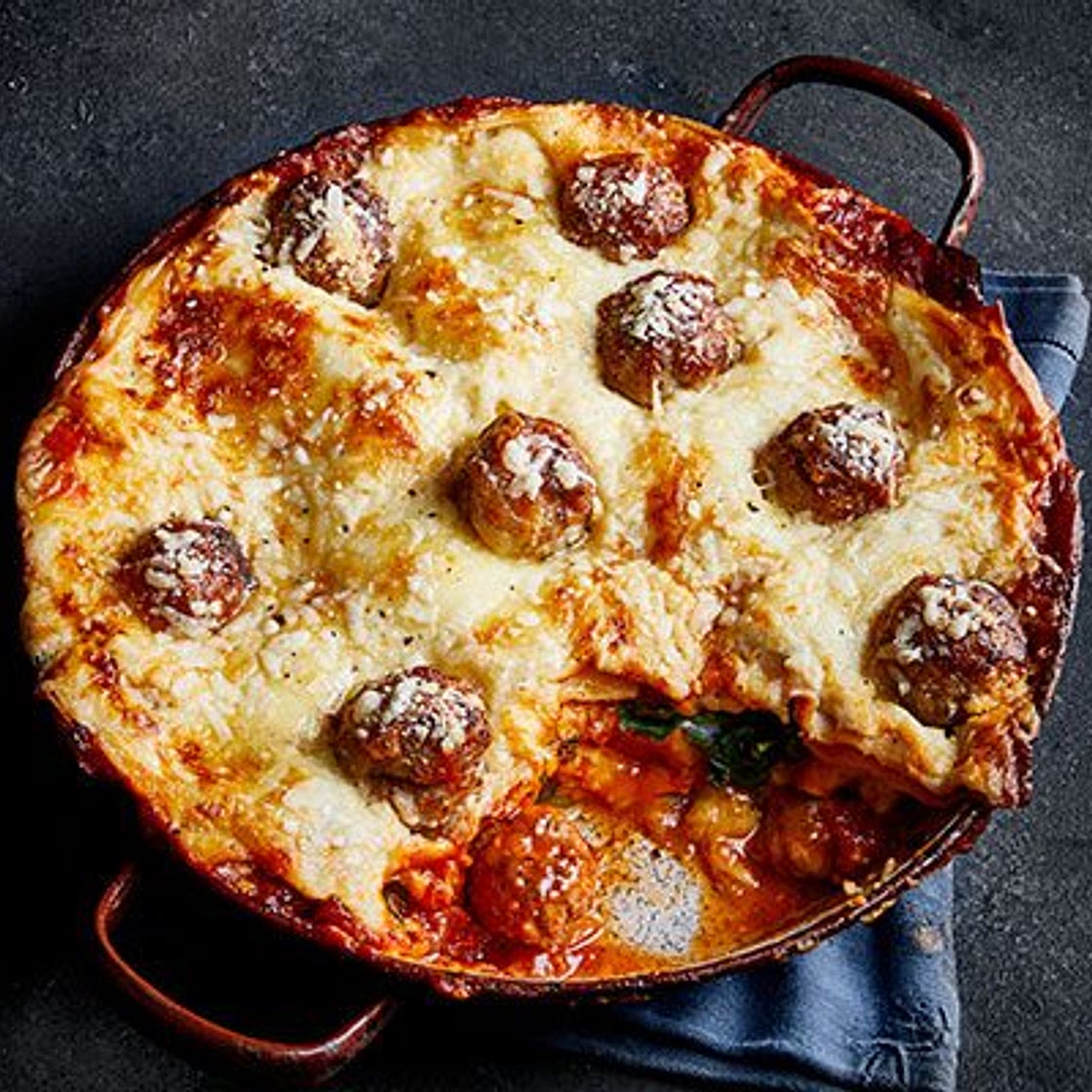 Three-cheese meatball lasagne
