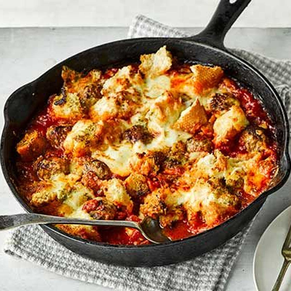 Meatball & garlic bread traybake