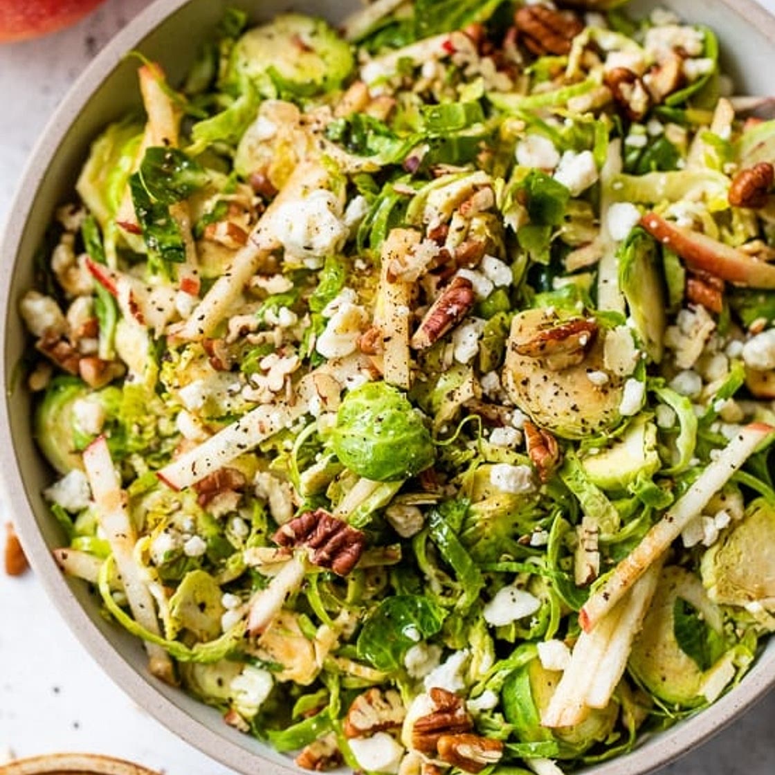 Fall Brussels Sprout Salad with Apple, Pecans, and Blue Cheese