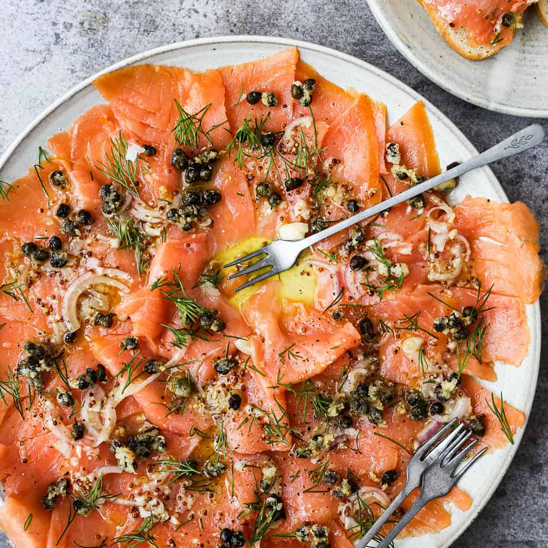 Smoked Salmon Carpaccio with Crispy Capers and Herbs