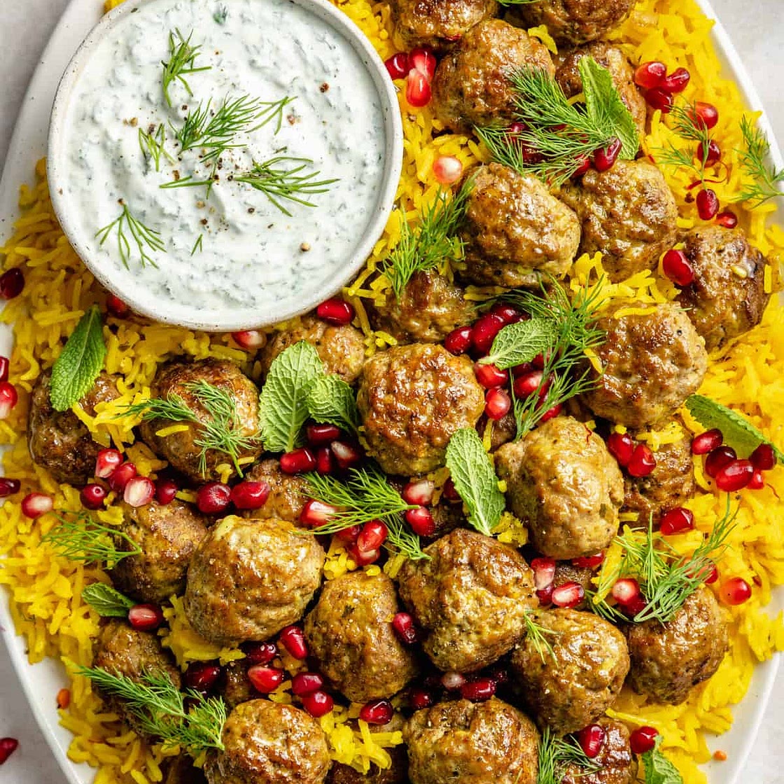 One-Pan Lamb Meatballs and Saffron Rice with Herby-Yogurt Sauce