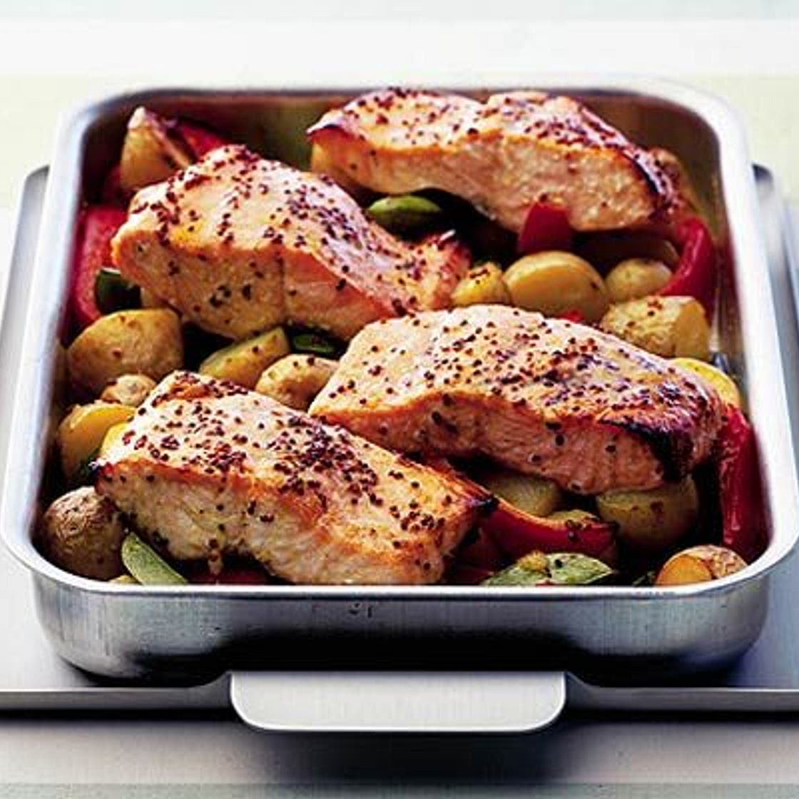 Sweet mustard salmon with garlicky veg