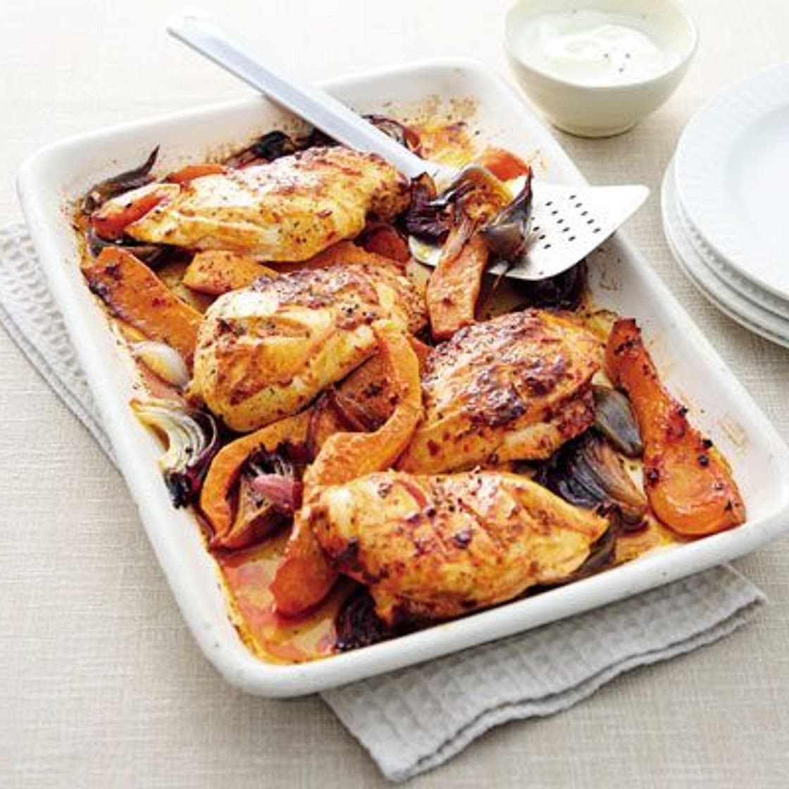 Harissa chicken & squash traybake