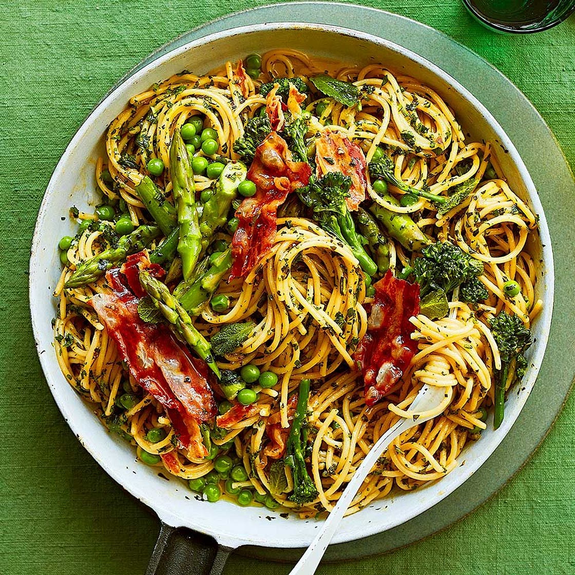 Spring greens carbonara