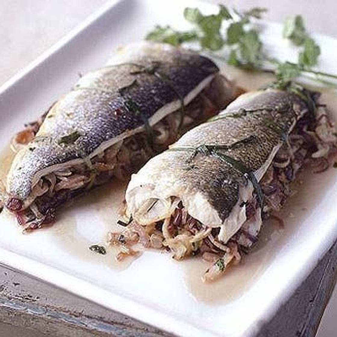 Roast sea bass with chilli & lime leaves