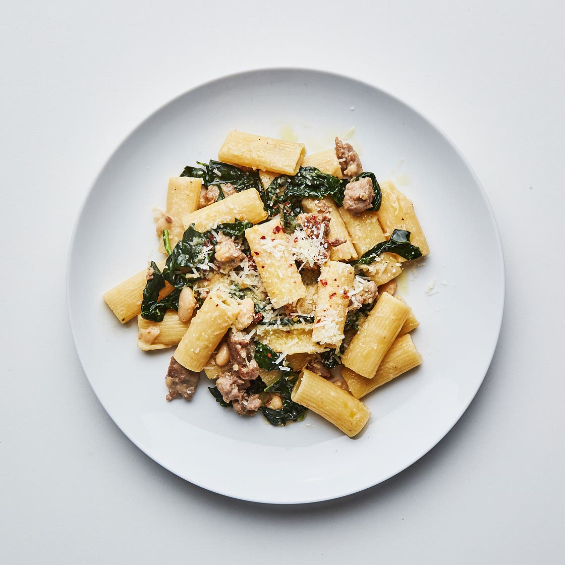 Rigatoni with Sausage, Beans, and Greens