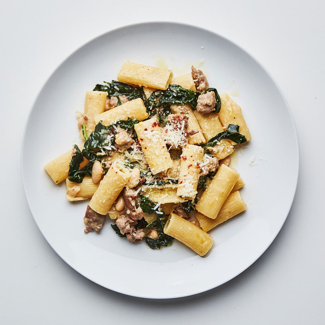 Rigatoni with Sausage, Beans, and Greens