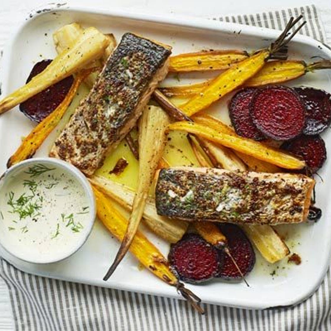 Mustard salmon & veg bake with horseradish sauce